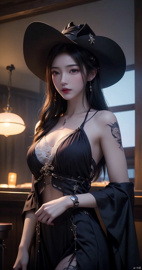  Villain League,A Western cowboy, cowboy hat, tattoo,in bar,in the dark Gothic style,dynamic poses,highly detailed,ultra-high resolutions,32K UHD,best quality,masterpiece,,depth of field,Henry Caville,1girl, 1 girl, xiaowu, jiangli, jiziyue, ziling