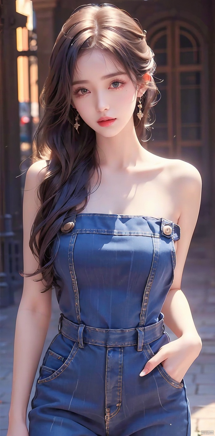 1girl,realistic,large breasts,landscape,sexy pose,naked overalls,bare shoulders,denim jumpsuit,light and shadow,