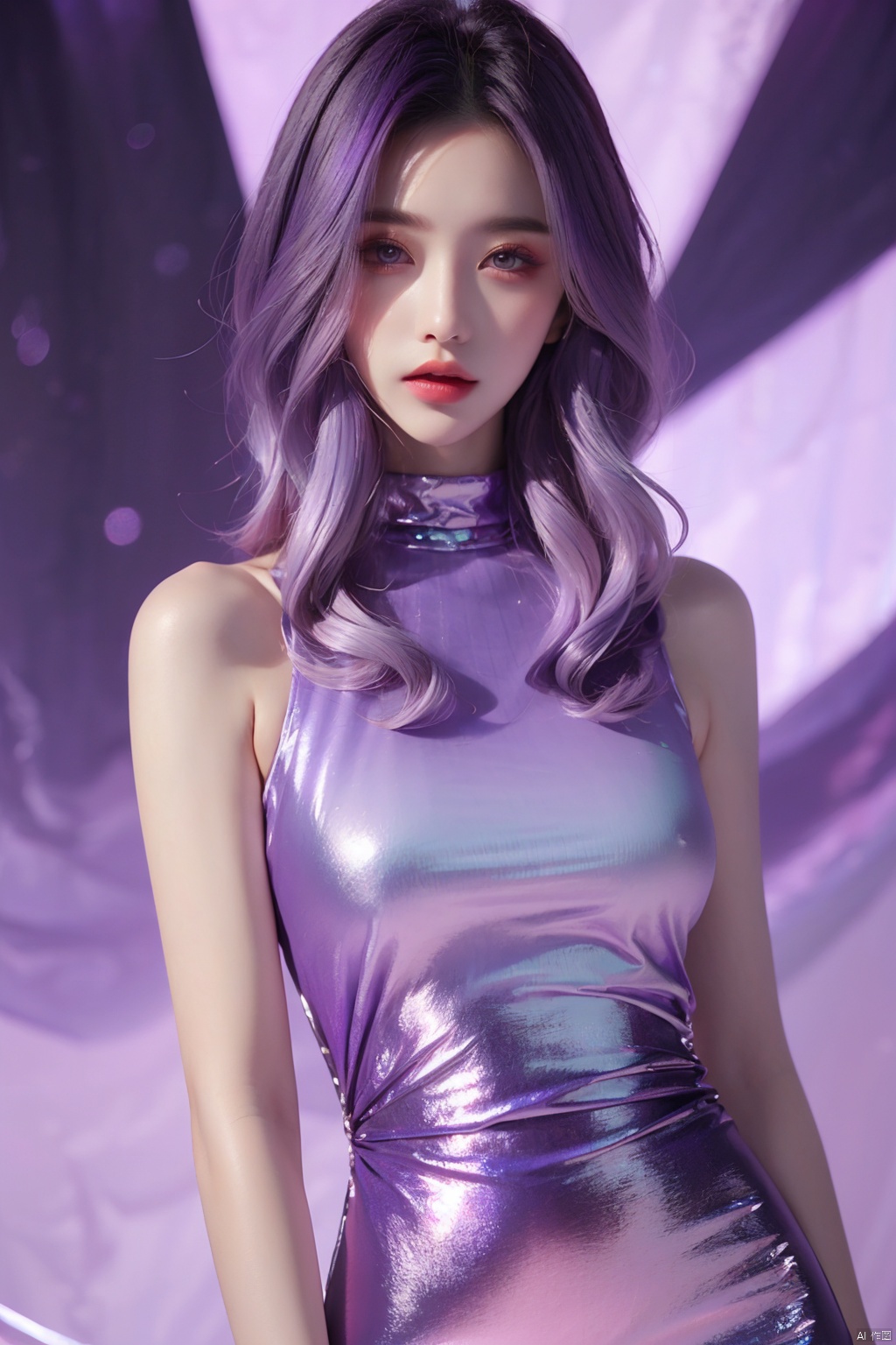  masterpiece, top quality, best quality,(close-up:1) (purple Metallic tin foil background:1), ((1girl, purple gradient hair)), (purple gradient Metallic tin foil dress, purple eyeshadows)