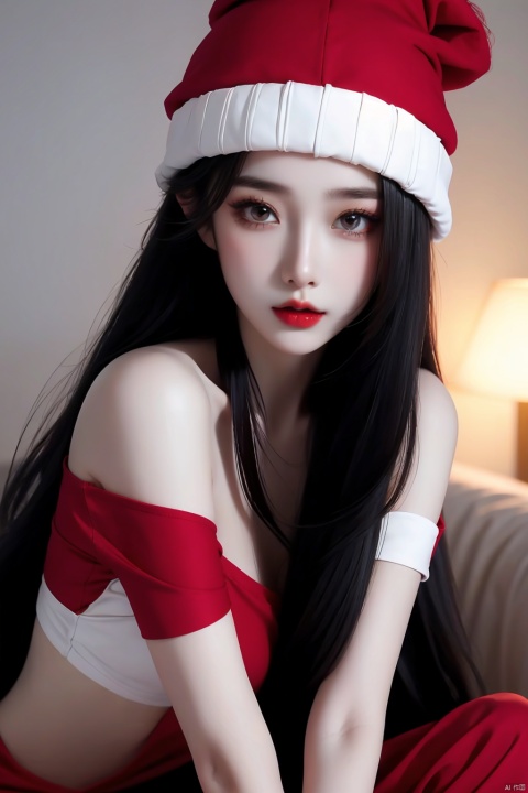  1girl, solo, long hair, looking at viewer, shirt, black hair,, hat, bare shoulders, closed mouth, upper body, off shoulder,black eyes, lips, petals, makeup, pale skin, red headwear, head rest, beanie, red lips, huliya