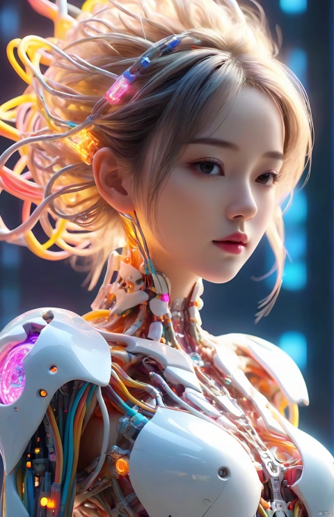  (1girl:1.2),cute face,long hair,frilly hairstyle,torso,body,8k,ultra-detailed,highres,(best quality, masterpiece:1.2),(deformad neon light:1.3),soft particles of fractal fire,volumetric lighting,focus,colorful,((extreme details)),glow,impossible figures,paradoxical art,paradox,impossible geometry,hypercube,Beautiful Psychedelic Trippy White Intricate Detailed Elaborate,solo,full body,(machine made joints:1.4),((machanical limbs)),(explosed muscles),(blood vessels connected to tubes),(a brain in container:1.3),((mechanical vertebra attaching to back)),((mechanical cervial attaching to neck)),((sitting)),expressionless,(wires and cables attaching to head and body:1.5),small breasts,short hair,(character focus),science fiction,