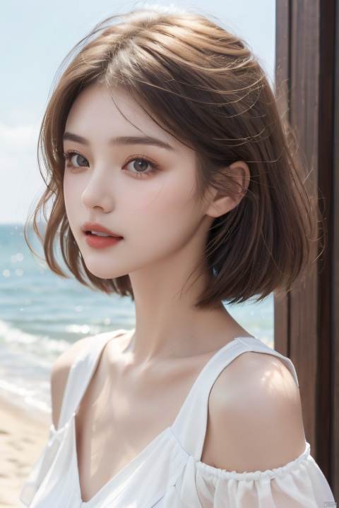  A young Ukrainian woman, looking back, reveals clean ears, melon seed face, white clothes, shoulders exposed 0.005, small chest, above the chest, short hair, bust, fair skin color, sweet appearance, seaside, summer, blue sky background, front natural light.brown hair