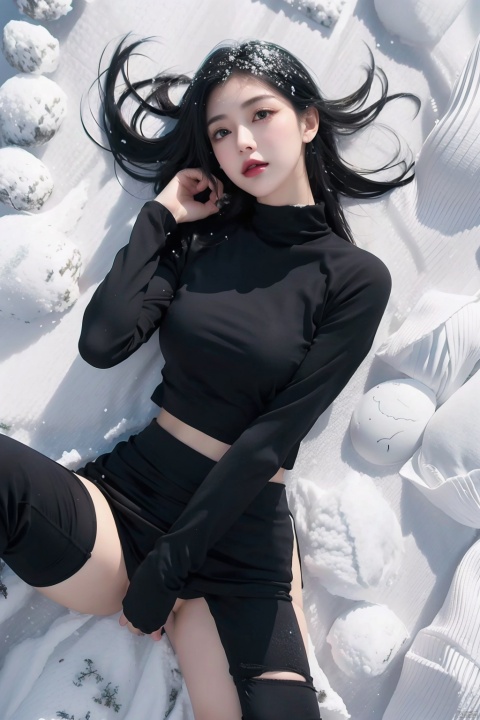  1 girl,(Black tight fitting clothing),Black hair, (snowfield:1.5),full body,Lying down, looking from above,Partially submerged by snow