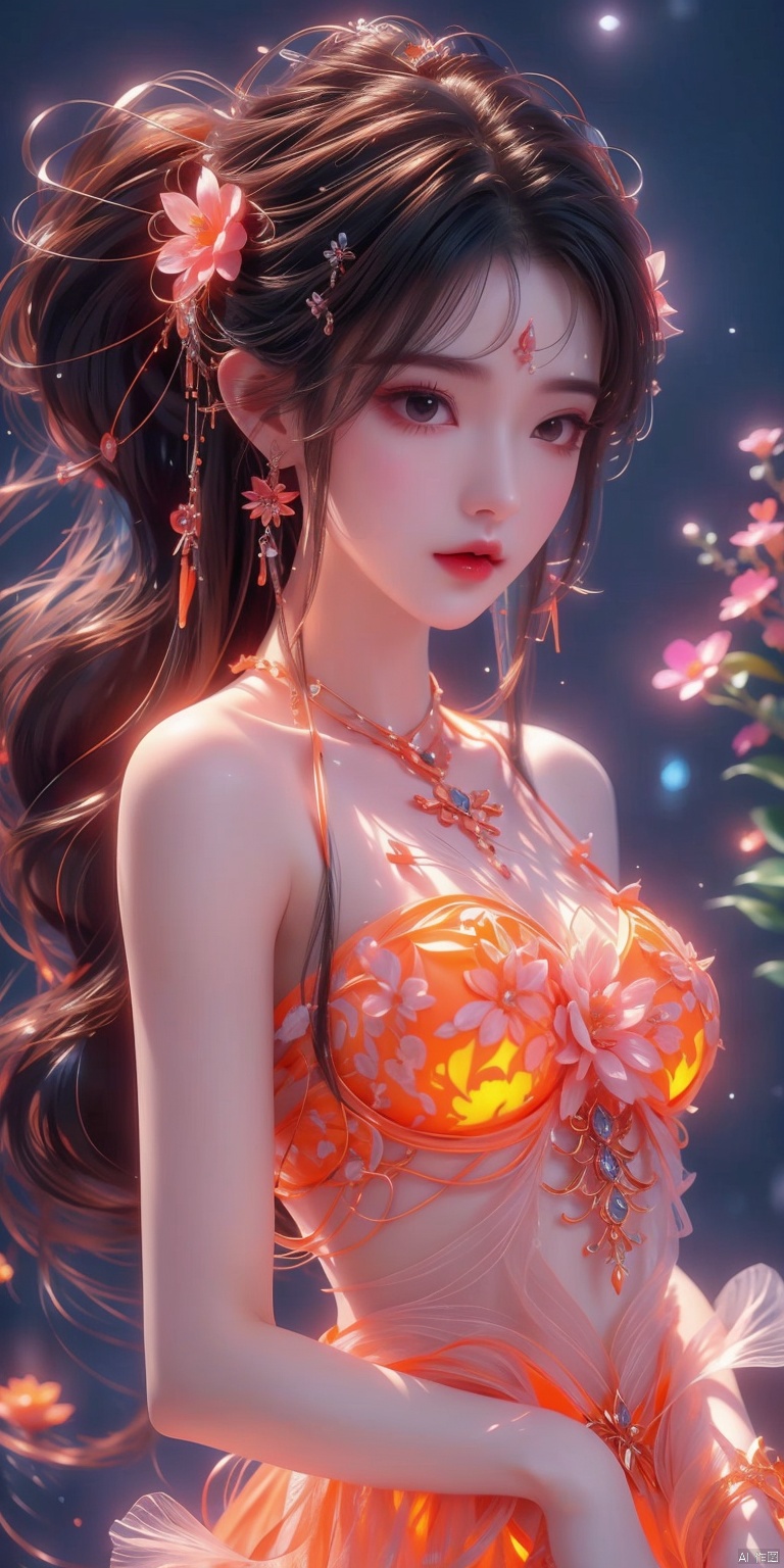  1 girl,(orange light effect),hair ornament,jewelry,looking at viewer,flower,floating hair,water,underwater,air bubble,submerged