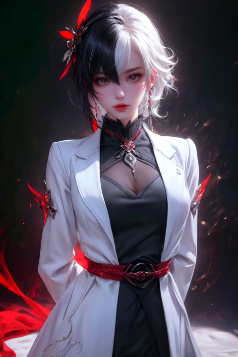  (masterpiece, best quality, best shadow,official art, correct body proportions, Ultra High Definition Picture,master composition),(bust:1.4), (light),
//////
1girl, solo, breasts, looking at viewer, bangs, simple background, black hair, red eyes, gloves, long sleeves, hair between eyes, jewelry, upper body, white hair, multicolored hair, parted lips, teeth, black gloves, black eyes, two-tone hair, lips, streaked hair, coat, symbol-shaped pupils, ring, white coat, red pupils, x-shaped pupils, (hands behind back: 1.6),
//////
(dark background), light, 
//////
1girl, cute girl, Metal_wing, 1girl, seductive eyes
