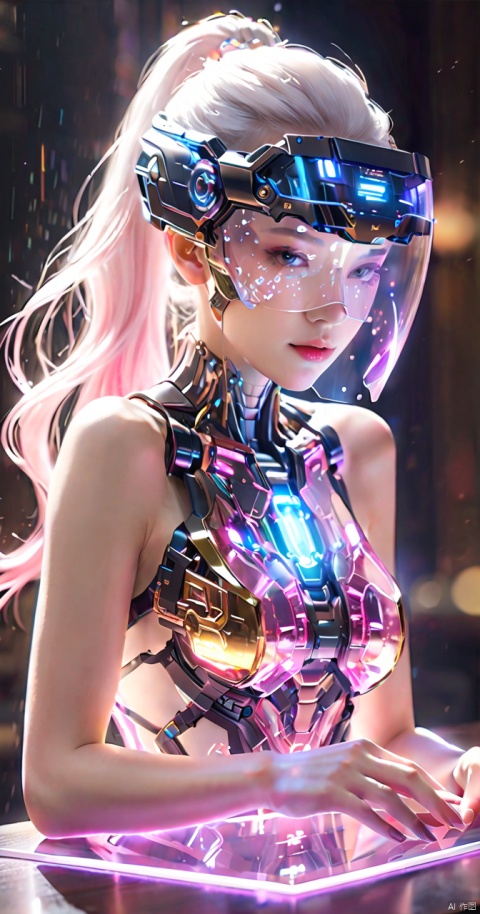 A mechanical girl with a naked upper body placed on a table, with a transparent glass mask, transparent glass cover, half body, white hair, high ponytail, pink gradient, glowing, and a sense of technology,