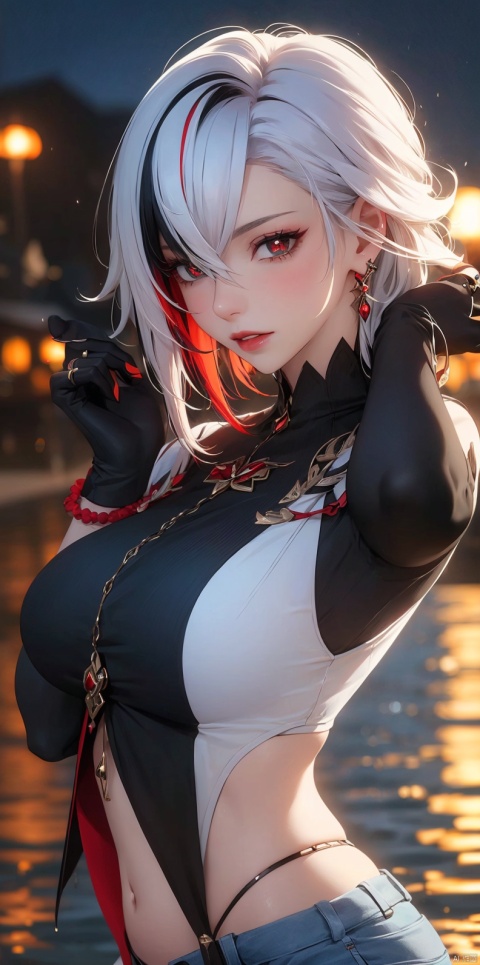  1girl,black hair, red eyes, gloves, long sleeves, hair between eyes, jewelry, upper body, white hair, multicolored hair, parted lips, teeth, black gloves, black eyes, two-tone hair, lips, streaked hair, coat, symbol-shaped pupils, ring,  red pupils, x-shaped pupils,armpits, navel, shorts, thighs, earrings, rainy night, beach, lighting, blurred background,