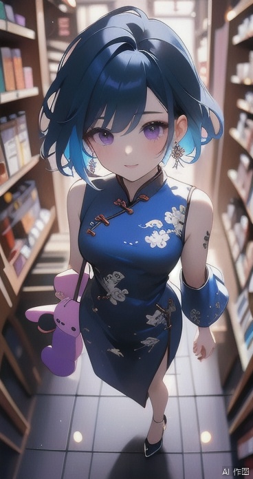  duotone blue and white,1girl, cheongsam,short hair,earrings, blurred background, lighting,full body shot,stand,(high heels), masterpiece,best quality,(colorful:1.4),from above,solo,1girl standing in a store with lots of stuffed animals on the shelves and a bag of stuff,black and blue hair color,purple eyes,smiling,depth of field,fisheye lens,<lora:660447313082219790:1.0>