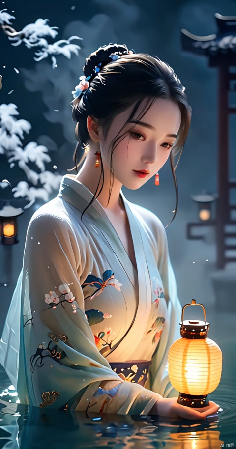  High quality, masterpiece, cinematic texture, Chinese elements, 1 girl bathing in the pool, (wrapped in a gauze: 1.2), (with a large amount of water vapor on the surface), (hot spring), lantern, night,Song style Hanfu,smog,8K Ultra HD, clear and bright image quality, highly refined, extremely fine,