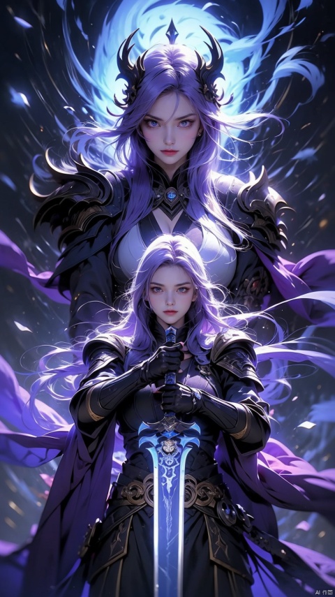  1 girl, Purple hair,Purple eyes,Glowing eyes,(Beautiful face), Lich King, undead swordsman, wearing armor decorated with skulls, burning blue flames all over her body, golden glowing eyes, slashing the sword in her hand, violent, angry and fierce, standing behind A broken skeleton dragon,guijian,armor,Xguang, headless,tifa,edgdeathknight