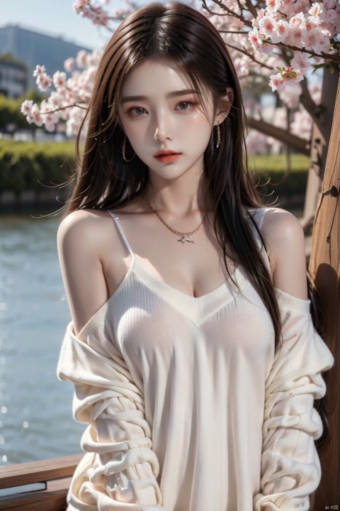  1girl, solo, looking at viewer, short hair, blonde hair, dress, bare shoulders, brown eyes, jewelry, pantyhose, earrings, outdoors, day, water, necklace, off shoulder, sweater, tree, lips, makeup, cherry blossoms, mountain, hands in pockets, sweater dress, off-shoulder sweater, river, lake, baiyuekui,moyou, ((poakl)), sexy_sweater