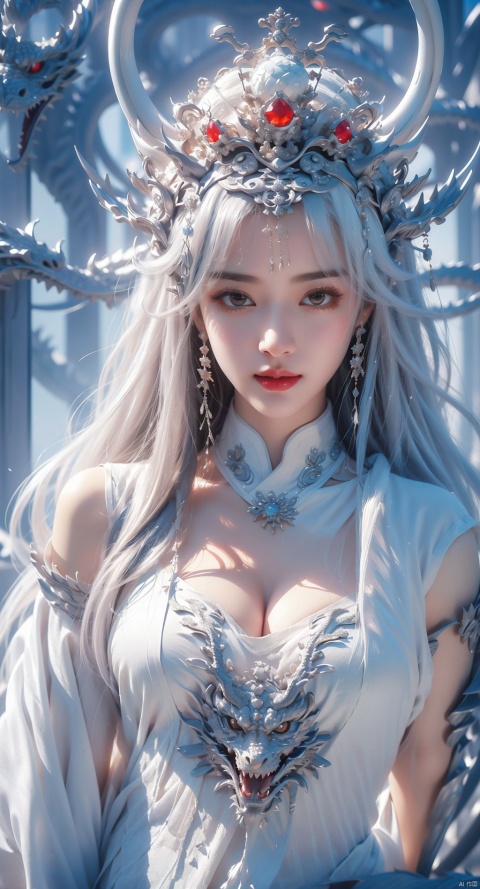  A royal elder sister, with a straight face,Keywords bust, slim waist, exposed waist, cleavage, solemn and sacred, Exposing thighs, navel,queen, white palace, dragon lady, drakan_longdress_crown,High complex headdress,Half-length photo with long white hair,Gaze lens, facing the camera, close-up shooting of face, film texture, reality, art, surrealism,High complex headdress,Dragon crown, super detail, cleavage, plump figure, shallow smile,High complex headdress,High-detail dragon crown