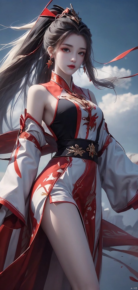  duotone white and red,1girl,dress, high heels,Embroidery,Long hair, ponytail,thigh, white hair,The wind blows, looking at viewer, xiaoyixian, jiujiu
