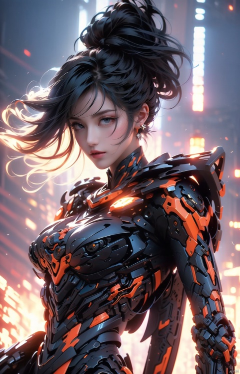  1girl, parted lips, hair blowing in wind, open hand, machinery, Mecha, science fiction, machinery armor, Metallic luster, electroplated, clothes sign, Mars, spaceship, floating cannon, hexagon, (from below:1.2), glow, backlighting, (background blur:1.2), cinematic lighting, Low illumination, VHS-style, (masterpiece:1.3), (best quality:1.1), intricate detailed, (Hyperrealistic:1.1), (realistic details:1.1), highly detailed, (the text on the cover should be bold and attention-grabbing, with the title of the magazine and a catchy headline:1.4), , ,Super perspective,wide shot. Dynamic pose, fighting_stance.,wide shot