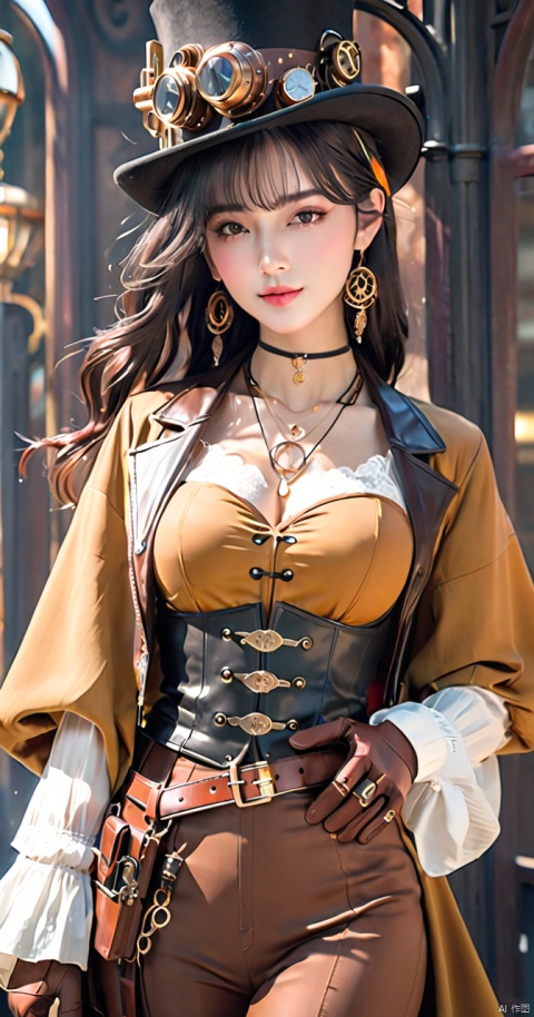 1girl,hat,solo,belt,jewelry,black hair,necklace,steampunk,corset,jacket,masterpiece,best quality,unity 8k wallpaper,8k,ultra high res,brown gloves,