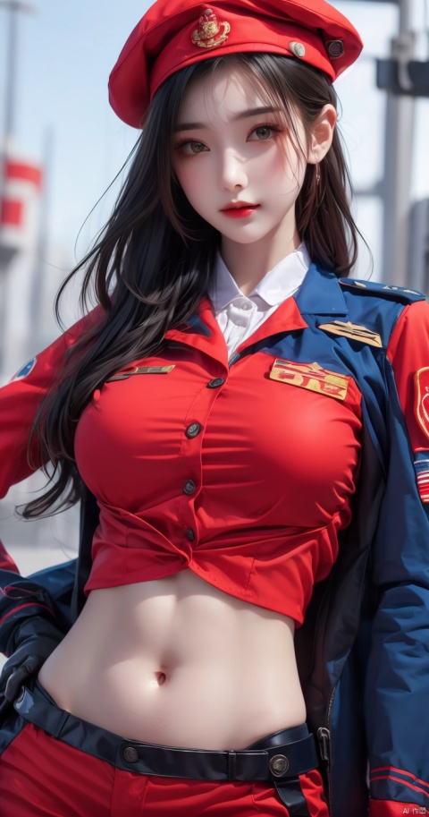  High quality, masterpiece, wallpaper, 1 girl, Stewardess, red unifrom, white gloves,Soldier berets,Half body,xiaowu,Half body,Expose your navel, expose your shoulders,