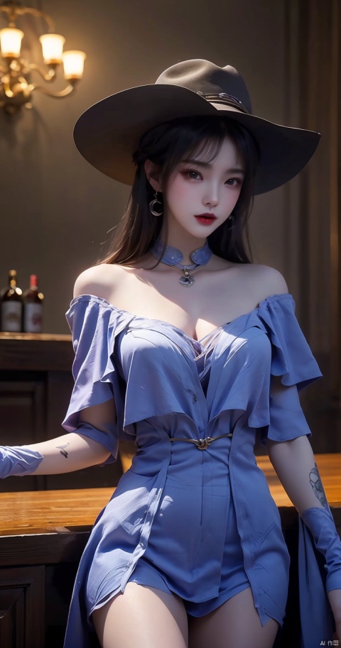  Villain League,A Western cowboy, cowboy hat, tattoo,in bar,in the dark Gothic style,dynamic poses,highly detailed,ultra-high resolutions,32K UHD,best quality,masterpiece,,depth of field,Henry Caville,1girl, 1 girl, xiaowu, jiangli, jiziyue