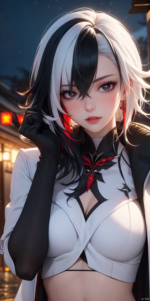  1girl,black hair, red eyes, gloves, long sleeves, hair between eyes, jewelry, upper body, white hair, multicolored hair, parted lips, teeth, black gloves, black eyes, two-tone hair, lips, streaked hair, coat, symbol-shaped pupils, ring, white coat, red pupils, x-shaped pupils,armpits, navel, shorts, thighs, earrings, rainy night, beach, lighting, blurred background, Hourglass body shape,