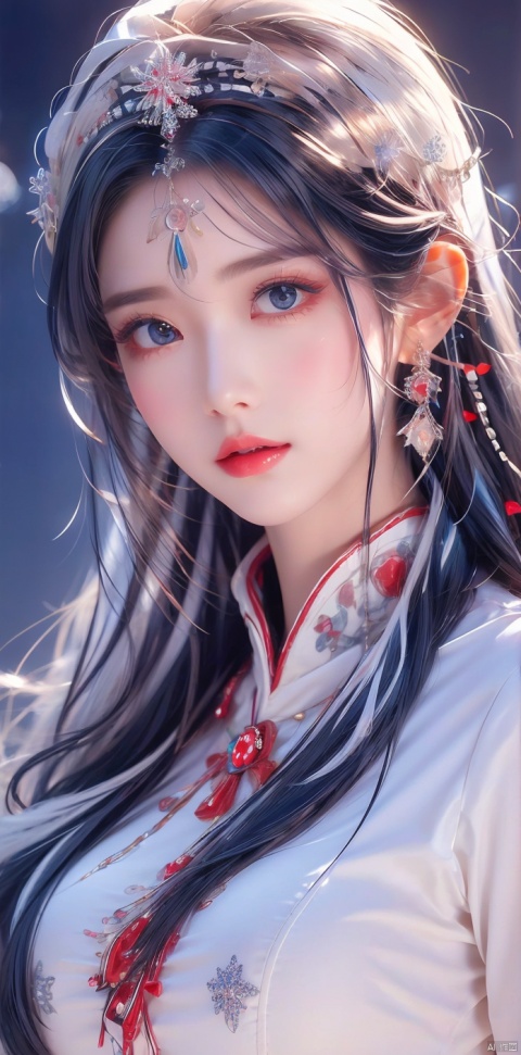  ((best quality)), ((masterpiece)), ((ultra-detailed)), extremely detailed CG, (illustration), ((detailed light)), (an extremely delicate and beautiful), a girl, solo, Jewels, headgear,((upper body,)), ((cute face)), expressionless, (beautiful detailed eyes), full breasts, (medium breasts:1.2), blue dragon eyes, (Vertical pupil:1.2), white hair, shiny hair, colored inner hair, [Armor_dress], blue_hair ornament, ice adorns hair,depth of field, [ice crystal], (snowflake), 1 girl, ((poakl))