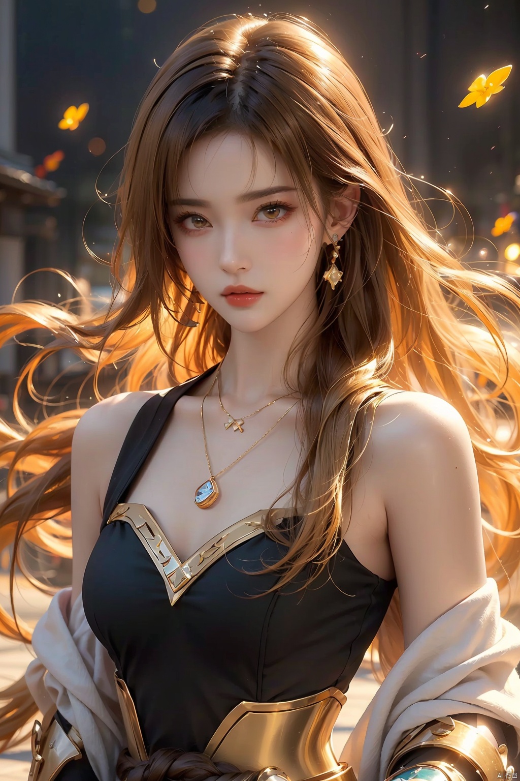  1girl,Bangs, off shoulder, colorful_hair, ((colorful hair)), yellow eyes, chest, necklace, earrings, floating hair, jewelry, sleeveless, very long hair,Looking at the observer, parted lips, pierced,energy,electricity,magic,tifa,sssr,blonde hair,jujingyi, (gold armor), liuyifei