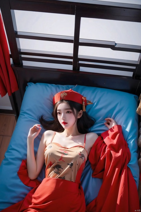  High quality, masterpiece, 1 girl,lie, jiangshi, qing_ Guanmao, no bra,breast curtains,china dress, Light master, dofas,From above,,bed