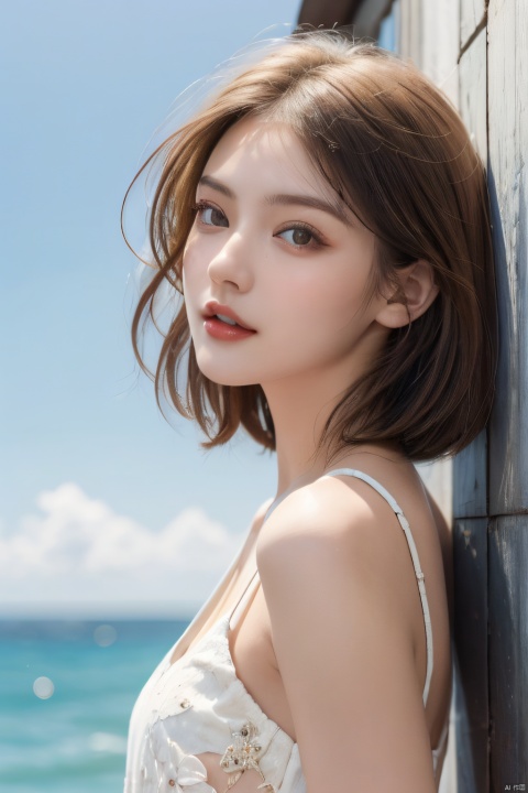  A young Ukrainian woman, looking back, reveals clean ears, melon seed face, white clothes, shoulders exposed 0.005, small chest, above the chest, short hair, bust, fair skin color, sweet appearance, seaside, summer, blue sky background, front natural light.brown hair