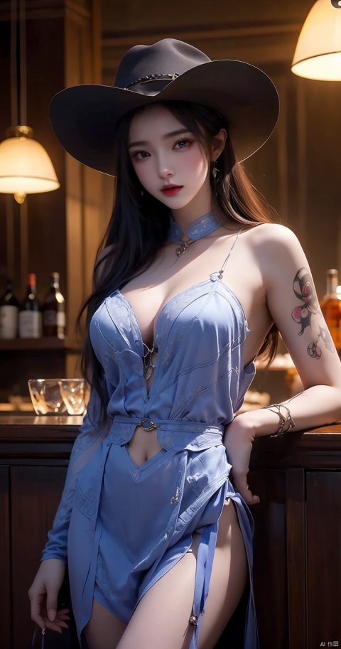  Villain League,A Western cowboy, cowboy hat, tattoo,in bar,in the dark Gothic style,dynamic poses,highly detailed,ultra-high resolutions,32K UHD,best quality,masterpiece,,depth of field,Henry Caville,1girl, 1 girl, xiaowu, jiangli, jiziyue