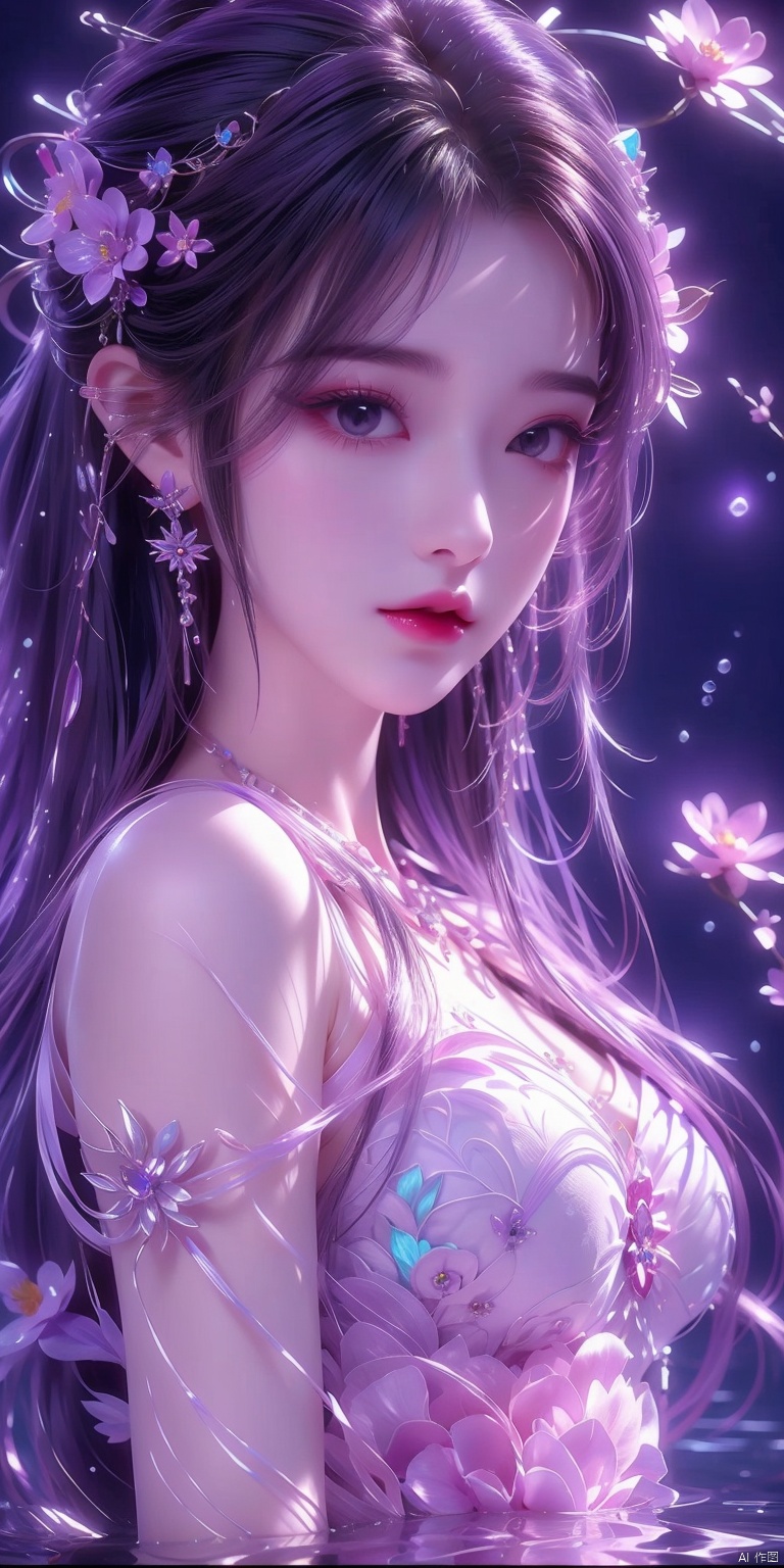  1 girl,(Purple light effect),hair ornament,jewelry,looking at viewer,flower,floating hair,water,underwater,air bubble,submerged