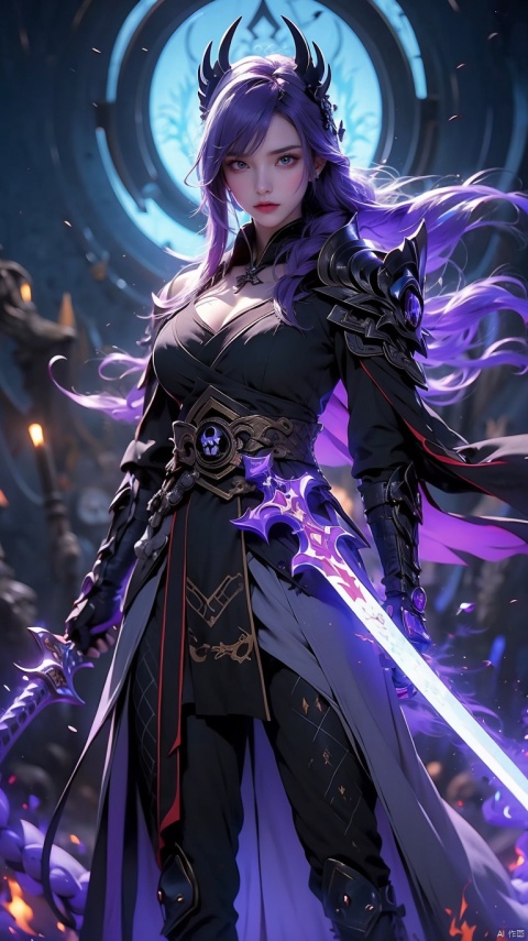  1 girl, Purple hair,Purple eyes,Glowing eyes,(Beautiful face), Lich King, undead swordsman, wearing armor decorated with skulls, burning blue flames all over her body, golden glowing eyes, slashing the sword in her hand, violent, angry and fierce, standing behind A broken skeleton dragon,guijian,armor,Xguang, headless,tifa,edgdeathknight