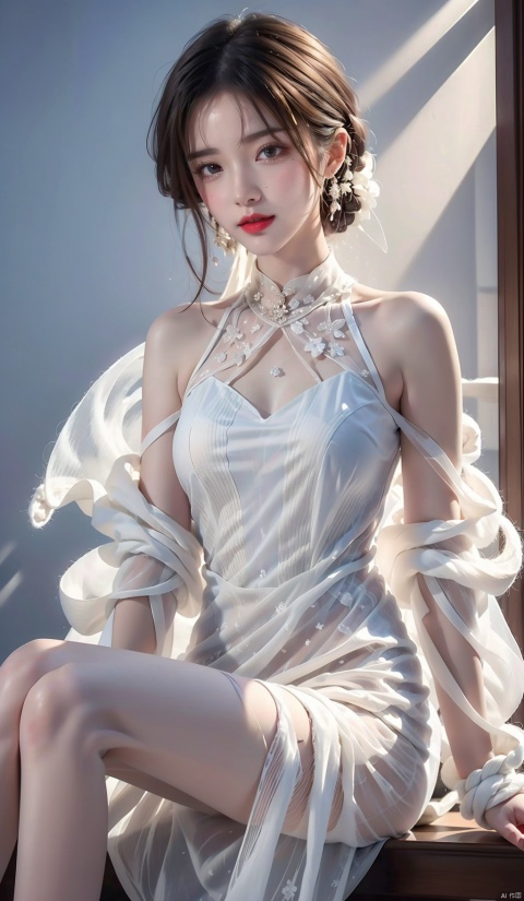  High quality, 1girl, (translucent white yarn dress: 1.5), sitting