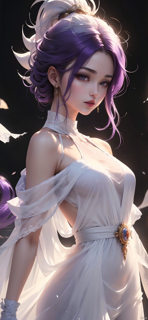  (best quality, masterpiece),solo, 1girl, Purple eyes, super saiyan, Purple hair, son goku, aura, (Transparent white gauze dress: 1.2),Half body,