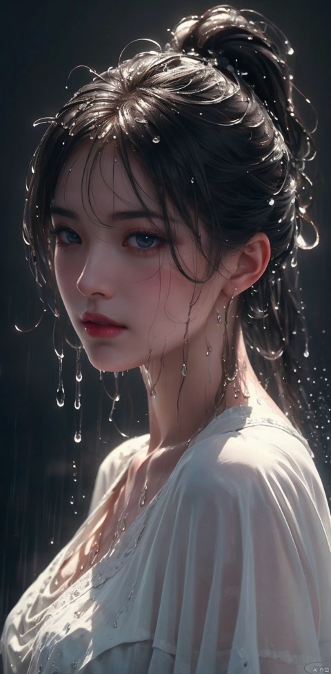  Epic CG masterpiece,stunningly beautiful,graphic tension,dynamic poses,stunning colors,3D rendering,surrealism,cinematic lighting effects,realism,00 renderer,super realistic,masterpiece,best quality,32k uhd,insane details,intricate details,hyperdetailed,hyper quality,high detail,ultra detailed,Masterpiece,
1girl,solo,rose,glowing,simple background,,rain,it's soaking wet,(splash of water:1.4),,wet_hair,