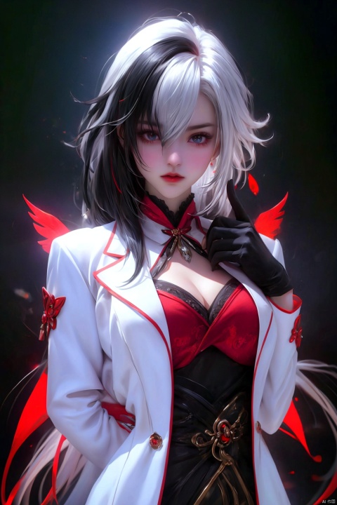  (masterpiece, best quality, best shadow,official art, correct body proportions, Ultra High Definition Picture,master composition),(bust:1.4), (light),
//////
1girl, solo, breasts, looking at viewer, bangs, simple background, black hair, red eyes, gloves, long sleeves, hair between eyes, jewelry, upper body, white hair, multicolored hair, parted lips, teeth, black gloves, black eyes, two-tone hair, lips, streaked hair, coat, symbol-shaped pupils, ring, white coat, red pupils, x-shaped pupils, (hands behind back: 1.6),
//////
(dark background), light, 
//////
1girl, cute girl, Metal_wing, 1girl, seductive eyes