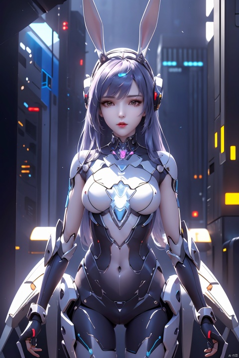  (Masterpiece, best picture quality), Cyberpunk, girl, rabbit ears,((metal and transparent shell | splicing robot)), transparent belly:1.1, metal spine:1.2, ircraft background, dynamic,perspective, xiaowu, 1 girl