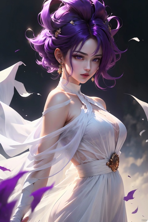  (best quality, masterpiece),solo, 1girl, Purple eyes, super saiyan, Purple hair, son goku, aura, clenched hands, (Transparent white gauze dress: 1.2),Half body,