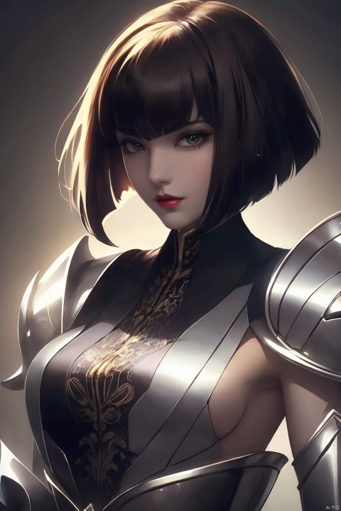 masterpiece,best quality, highly detailed, eliza (skullgirls),1girl, solo, dark-skinned female, breasts, bob cut, lipstick, armor, looking at viewer, upper body, lips