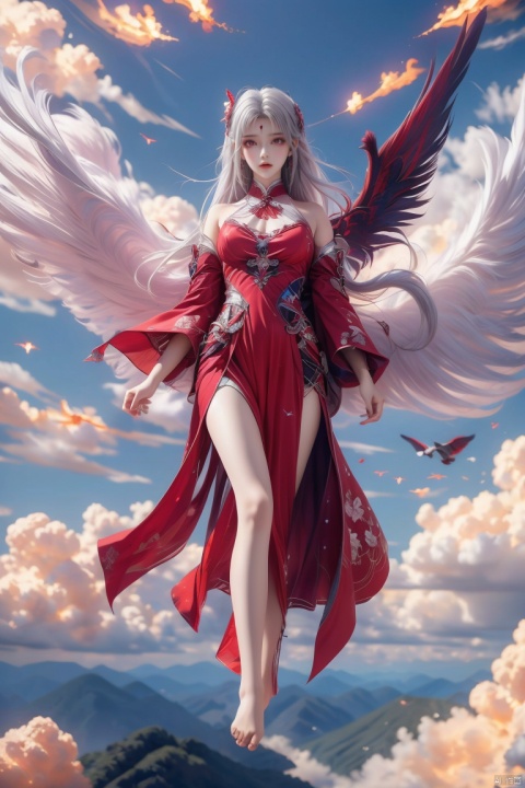  1girl, 
(red fire,magic),(glowing eyes:1.3), 
chest,electricity, lightning,
white magic, aura,,
Front view,air,cloud,
backlight,looking at viewer,,white hair
very long hair,hair flowe
 meidusha,
full_body,(bare feet,:1.2)(flying in the sky:1.6),(Stepping on the clouds:1.2),(Red Angel Wings:1.2), wings, tiandunv