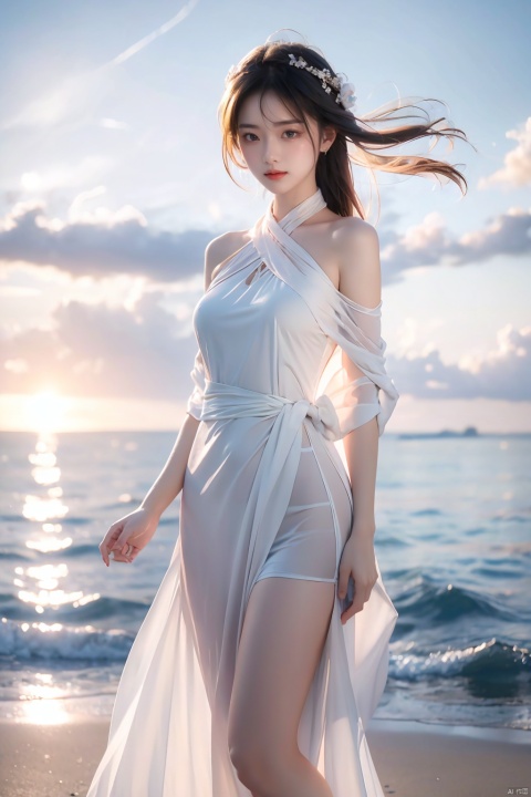  1girl,sling dress,standing,over the sea,(Best quality:1.2),(masterpiece:1.2),(ultra high res:1.2),8k,Photography,super detailed,Depth of field,Bright color,