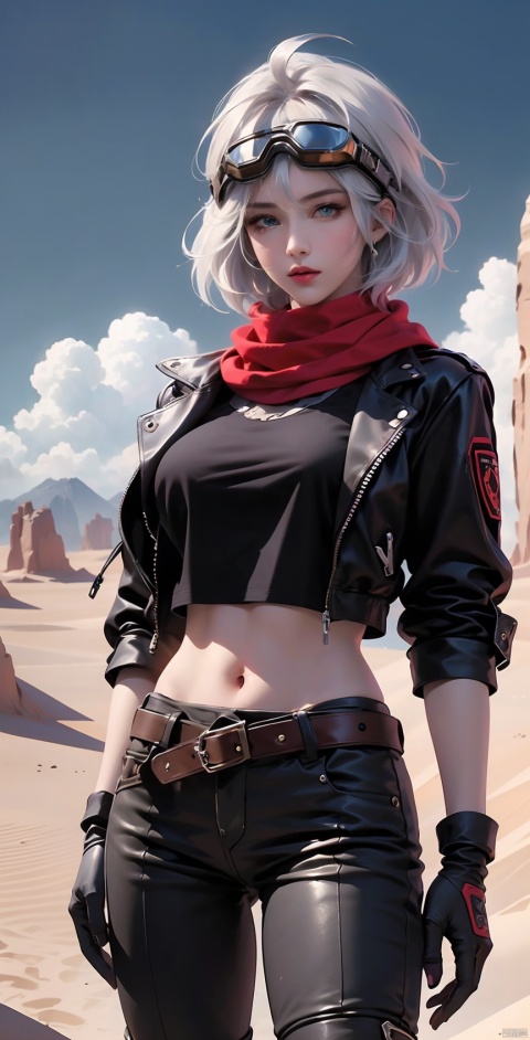  GY,1girl,leather,leather jacket,solo,scarf,multicolored hair,jacket,gloves,goggles,pink hair,looking at viewer,blue eyes,goggles on head,black jacket,streaked hair,fingerless gloves,short hair,black gloves,white hair,red hair,boots,thigh boots,belt,pants,jacket,green pants,ahoge,scarf,midriff,sky,outdoors,day,desert,cloud,scenery,sand,rock,tree,mountain,, (raw photo:1.2),((photorealistic:1.4))best quality,masterpiece,illustration,an extremely delicate and beautiful,extremely detailed,CG,unity,8k wallpaper,Amazing,finely detail,masterpiece,best quality,official art,extremely detailed CG unity 8k wallpaper,absurdres,incredibly absurdres,huge filesize,ultra-detailed,highres,extremely detailed,beautiful detailed girl,cinematic lighting,1girl,pale skin,tall female,(perfect body shape),skinny body,Slender legs,