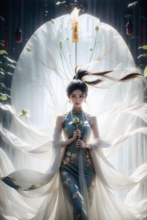  heise jinyao, inspired by Zhang Han, xianxia fantasy, flowing gold robes, (Colorful, colorful hair),inspired by Guan Daosheng, long hair, fantasy art style,,Ink scattering_Chinese style, lotus leaf, 1girl, 1 girl