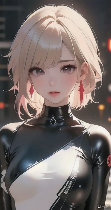  1girl,(tight latex clothing), optimum,tmasterpiece,A high resolution,best qualtiy,hyper HD,super detailing,Award-Awarded,（The upper part of the body）,anatomy correct,Beautiful cyberpunk girl,cute face,,Gradient Beige Hair,Hairline,（（Scarlet eyes））,long eyelasher,Hanging eye corners,White skin of the,（small boobs）,（Slim body）,（（Women's super short shawl leather jacket））,（（bikesuit））,ear studs,（neck rings）,（Laser material clothing：1.2）, Tight latex clothing,<lora:660447313082219790:1.0>