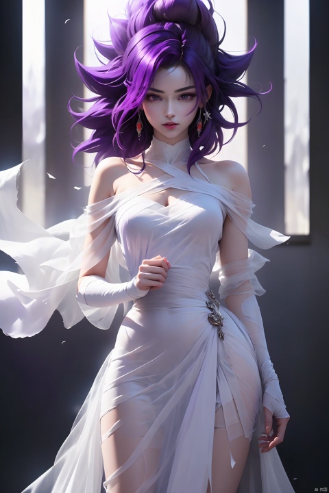  (best quality, masterpiece),solo, 1girl, Purple eyes, super saiyan, Purple hair, son goku, aura, clenched hands, (Transparent white gauze dress: 1.2),Half body,