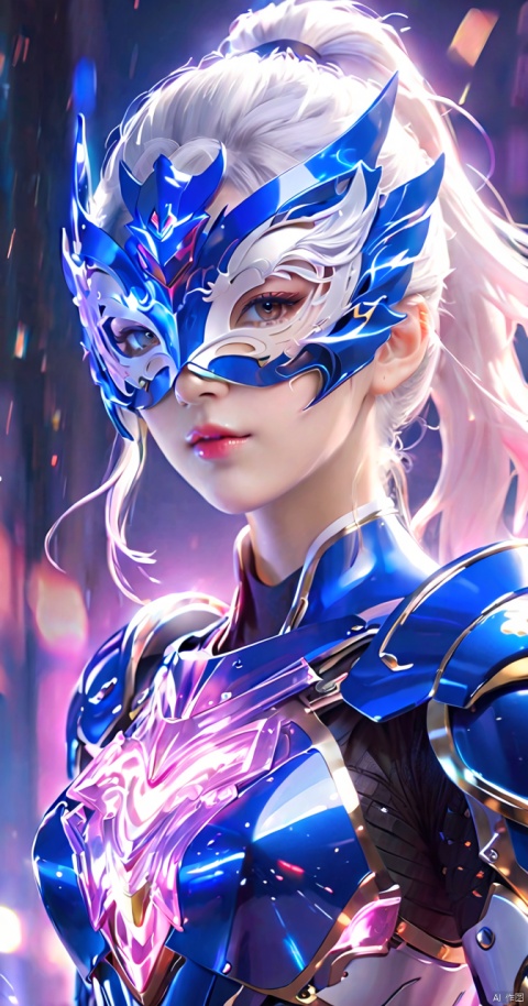  1 girl,blue armor,white hair,Eye mask, pink gradient,High ponytail,glowing eyes,