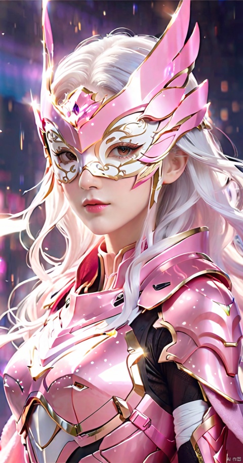  1 girl,pink armor,white hair,Eye mask, pink gradient,