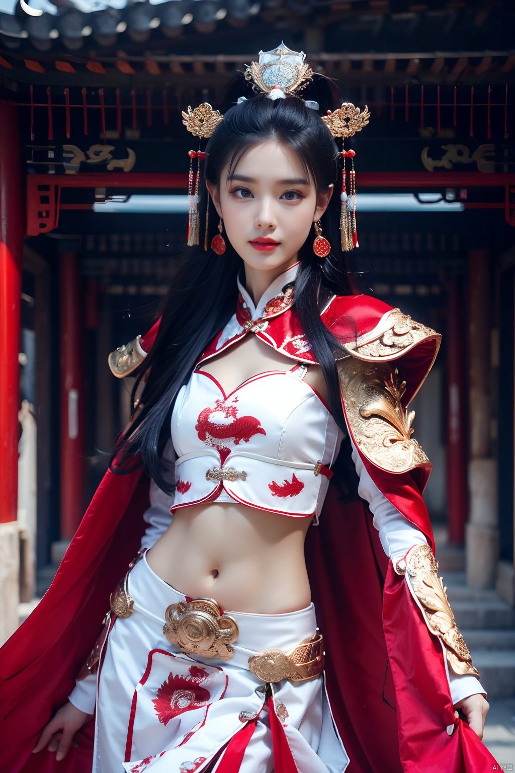  High quality, masterpiece, 1girl,white armor, navel, thighs,Red cape,Bare arms,Ancient architecture, Tang Dynasty,