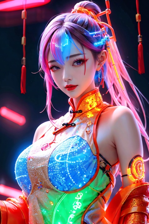  1girl,(chinese dress:1.2),glowing,lneon lamp,deformad neon light,cyborg,