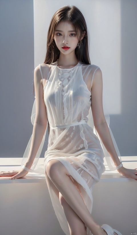  High quality, 1girl, (translucent white yarn dress: 1.5), sitting