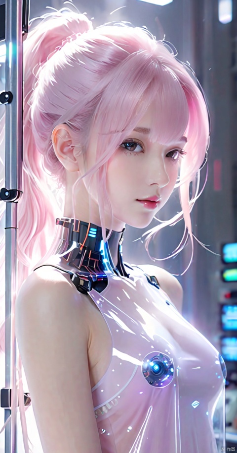  1 girl, naked, Laboratory robot, without arms, transparent glass cover, half body, white hair, high ponytail, pink gradient, glowing, and a sense of technology,