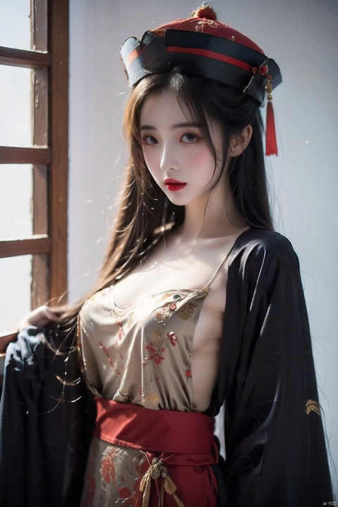  High quality, masterpiece, 1 girl, jiangshi, qing_ Guanmao, no bra,breast curtains,china dress, Light master, dofas