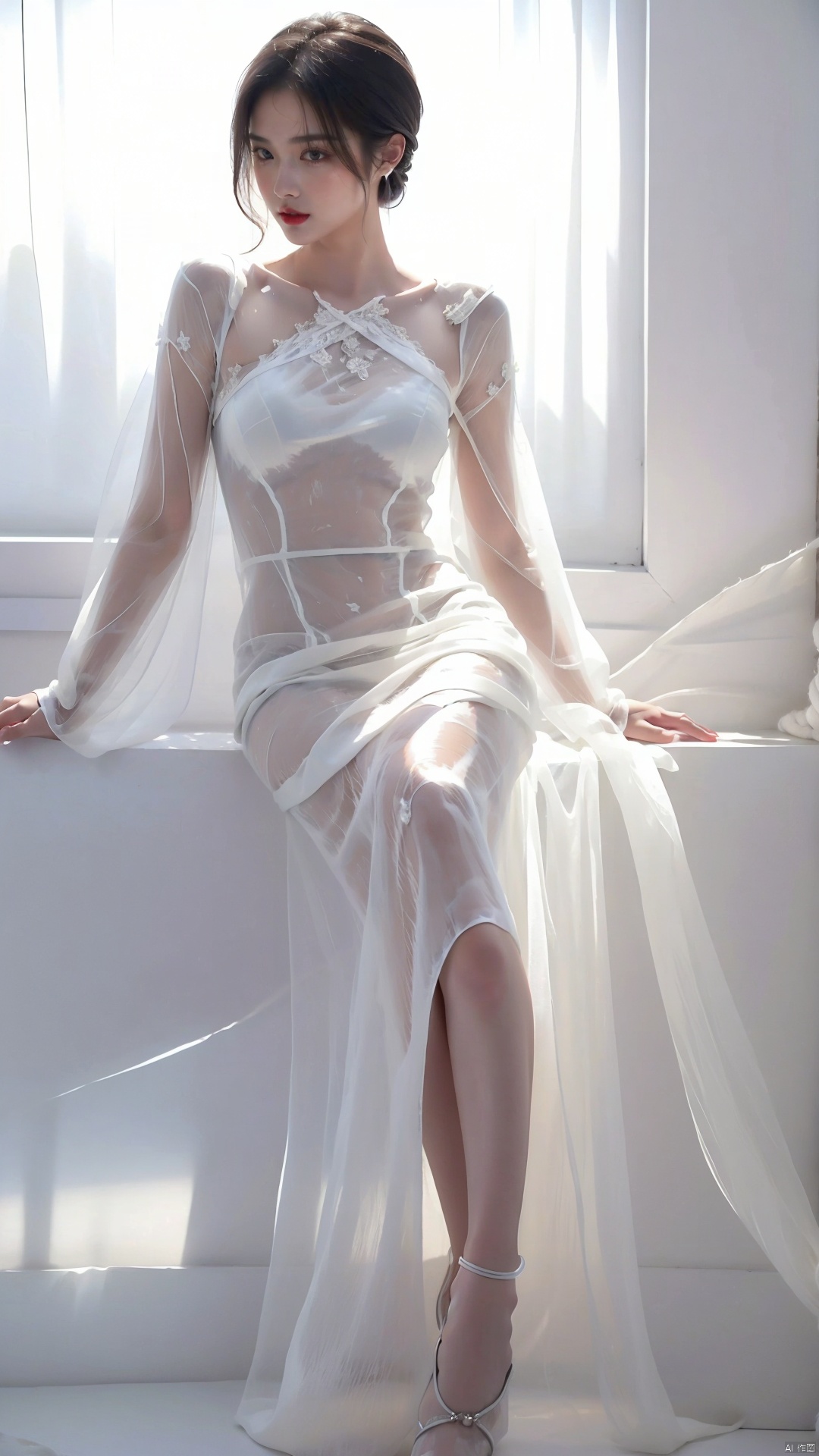  High quality, 1girl, (translucent white yarn dress: 1.5), sitting